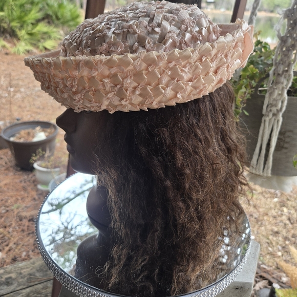 Vintage Pink Woven Pill Box Hat With Velvet Bow - Picture 5 of 11